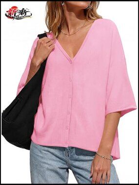 Oversized Cardigan Batwing Half Sleeve Lightweight Knit V Neck Button Cardigan